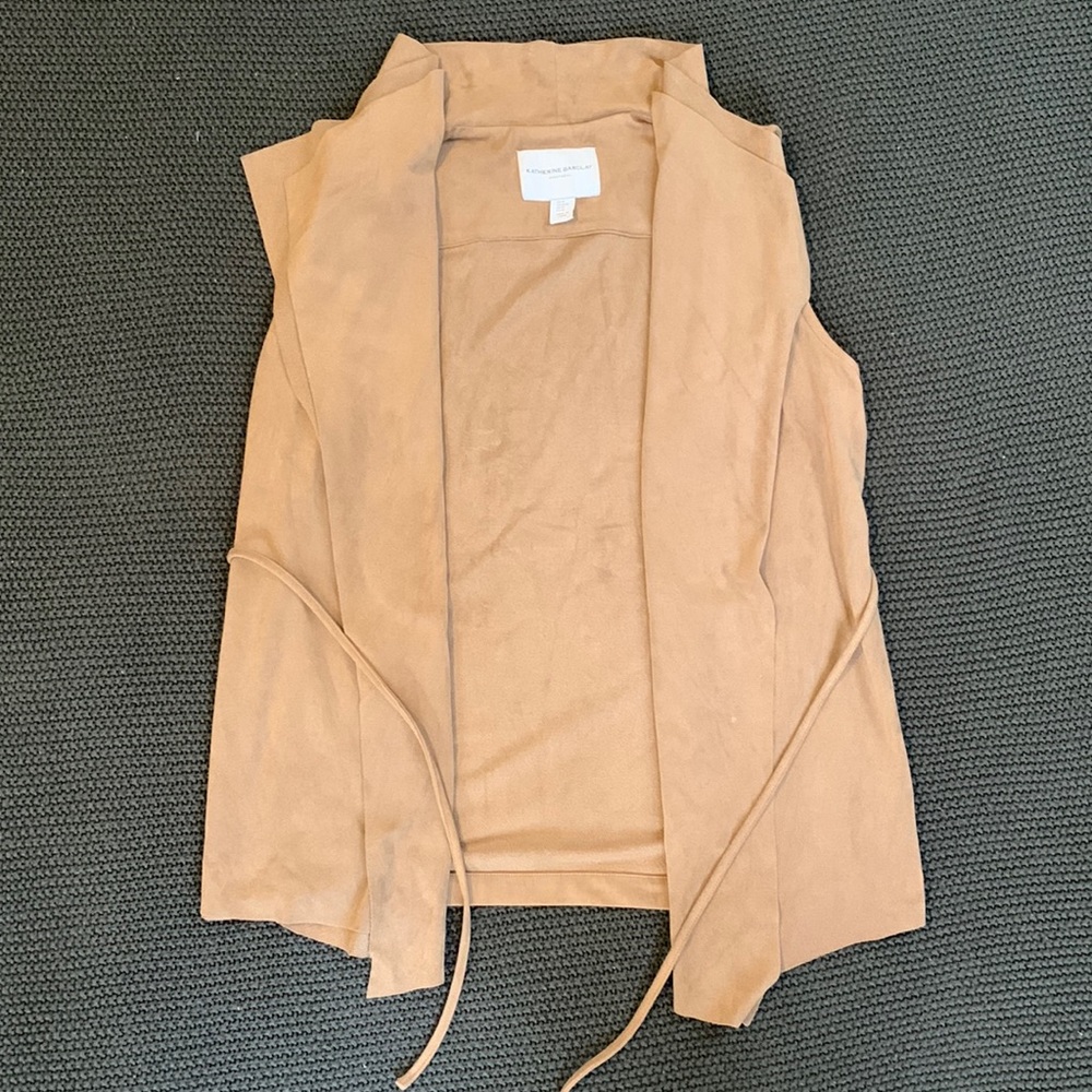 Katherine Barclay Draped faux suede vest with tie waist